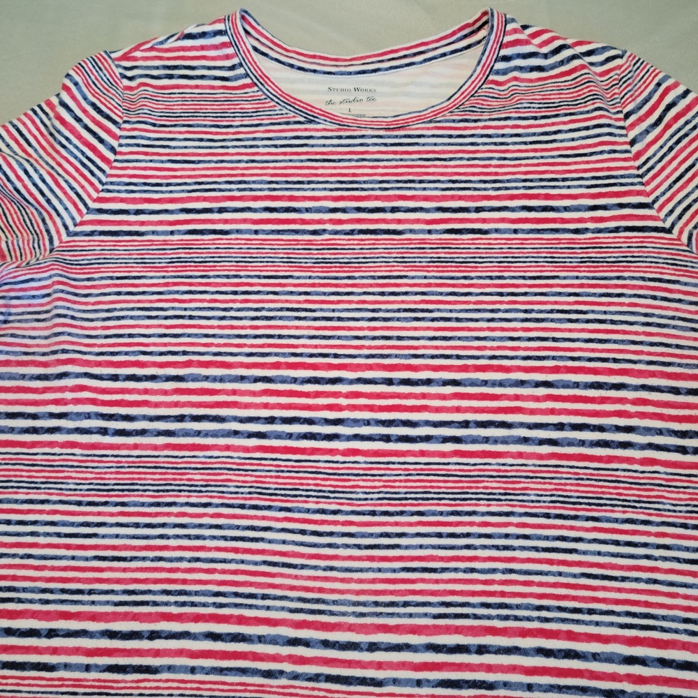 Studio Works The Studio Tee Women L Red Blue‎ White Striped Cotton Short Sleeve